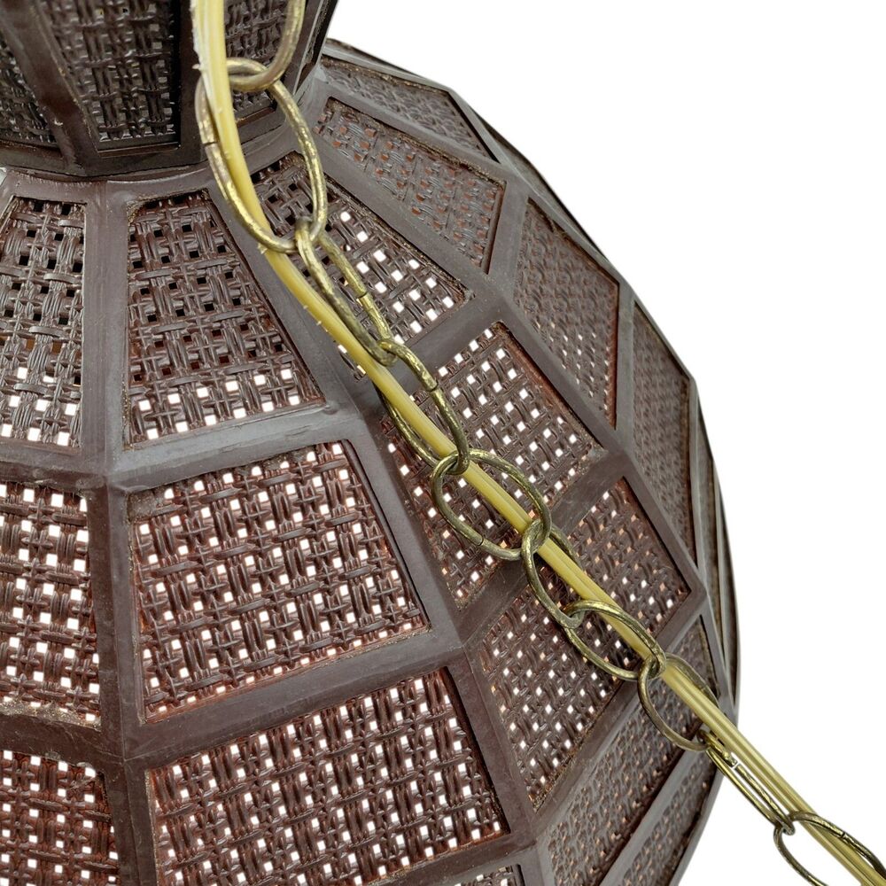 MCM Hanging Swag Lamp Brown Wicker Rattan Shade 12 ft Chain Cord Plug Vtg - Picture 8 of 16